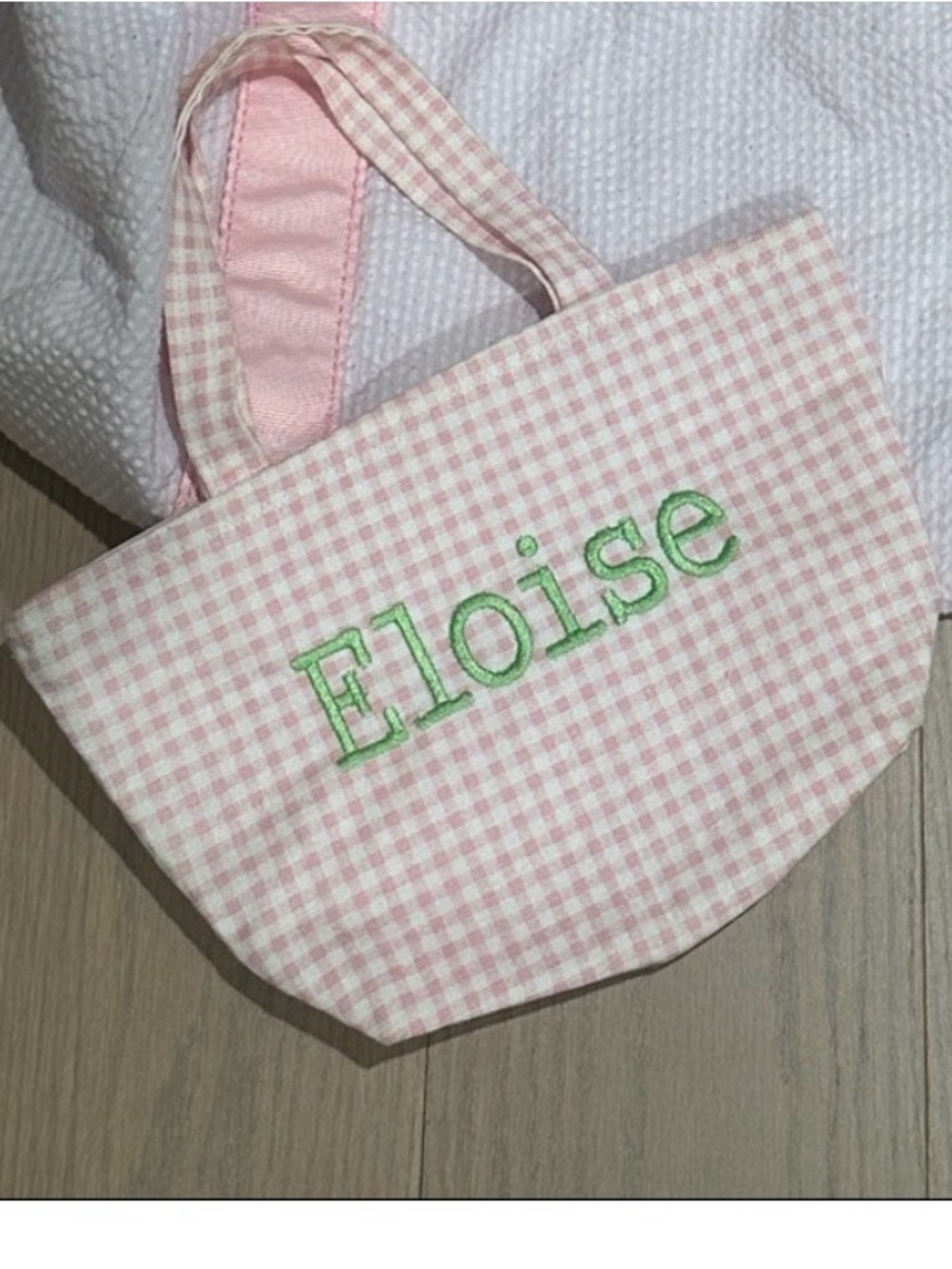 Personalized Pink Gingham Kids Tote Bag with Green Embroidery